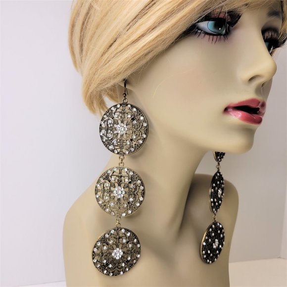 Dramatic Chandelier Earrings Chunky Long Medallion Drop Earrings - Picture 1 of 13